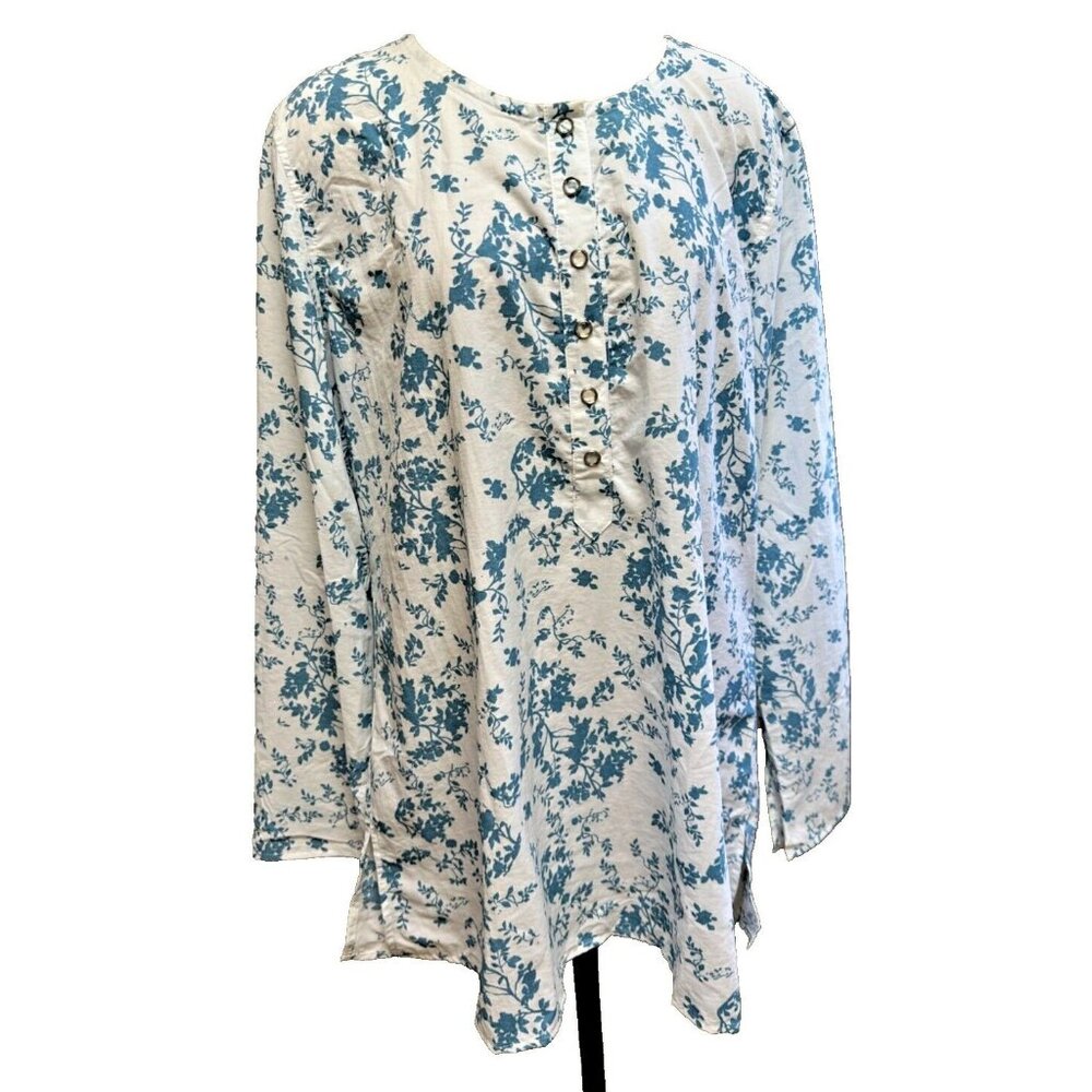 Women's Quick Dry Cover Up White Blue Floral Snap Medium Top Beach UV Fabric